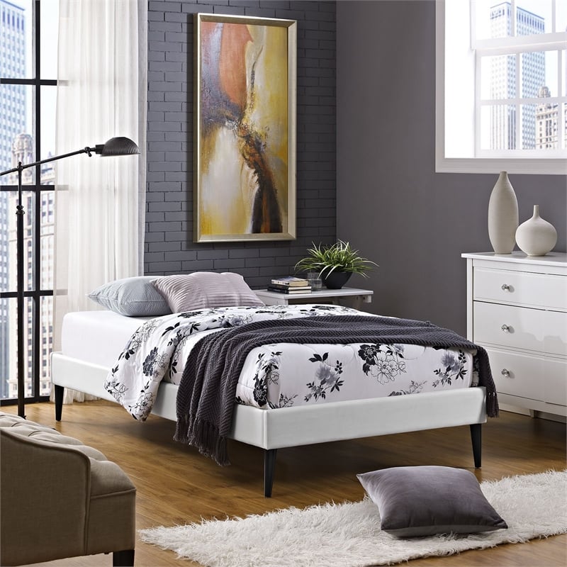 Sherry Vinyl Twin Bed Frame with Round Tapered Legs in White