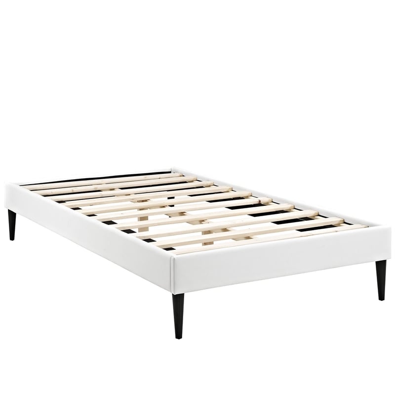 Sherry Vinyl Twin Bed Frame with Round Tapered Legs in White