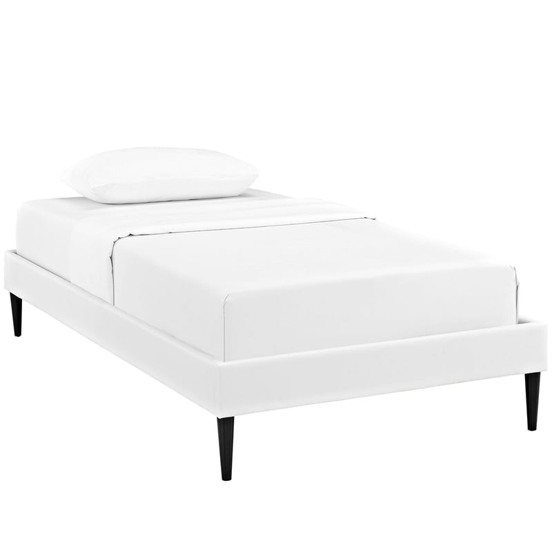 Sherry Vinyl Twin Bed Frame with Round Tapered Legs in White