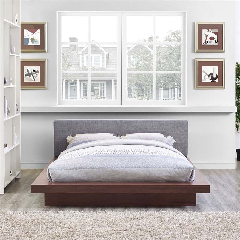 Modway Freja Queen Wood Polyester Fabric Platform Bed in Walnut/Gray