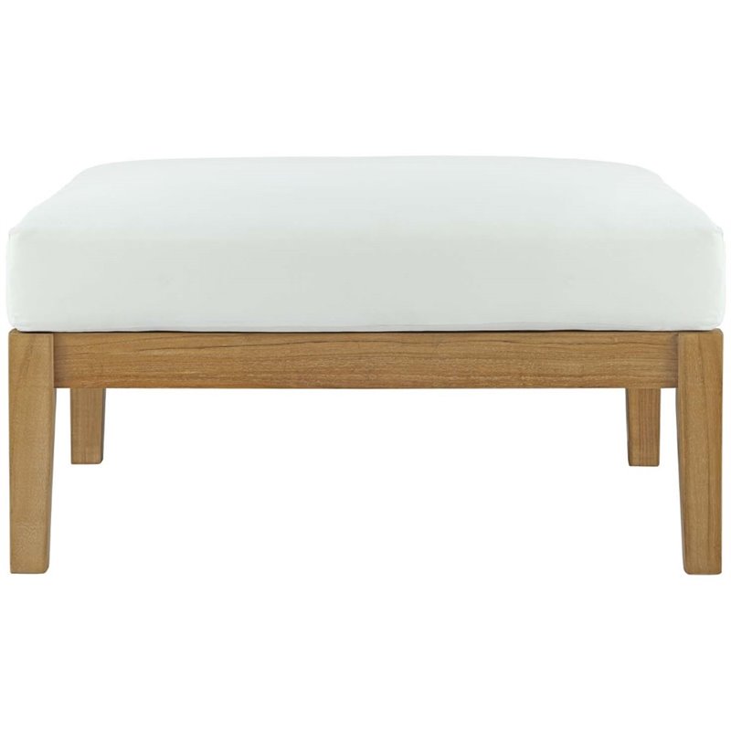 Modway Bayport Outdoor Patio Solid Teak Wood Ottoman in Natural/White