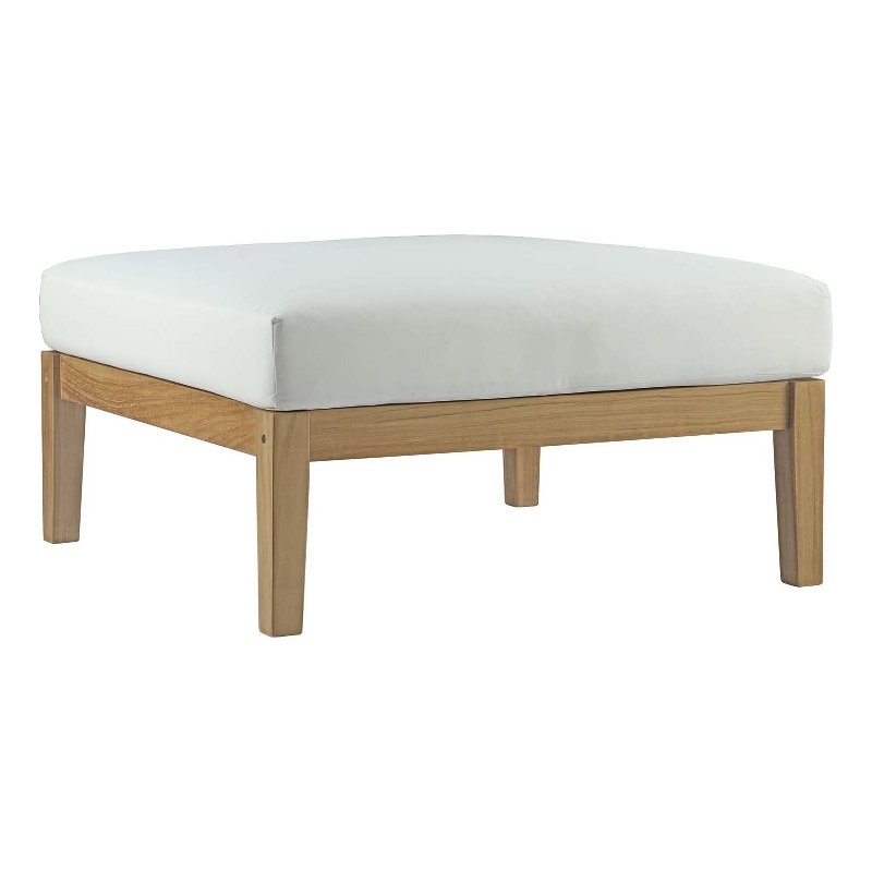 Modway Bayport Outdoor Patio Solid Teak Wood Ottoman in Natural/White