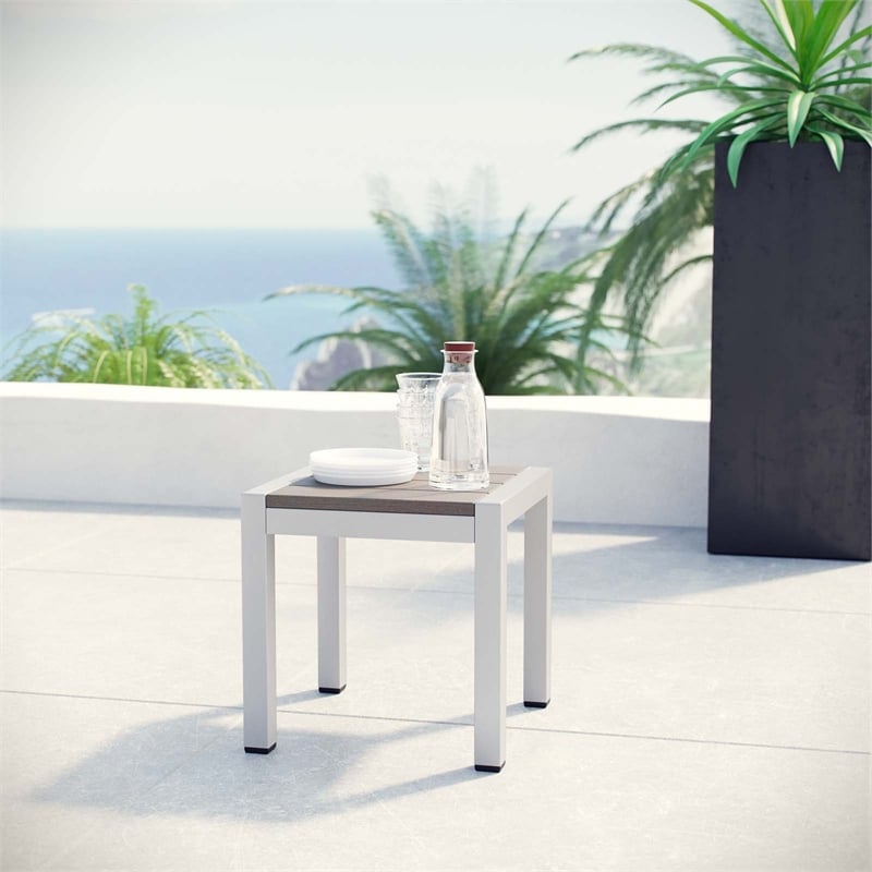 Modway Shore Outdoor Patio Wood and Aluminum Side Table in Silver/Gray