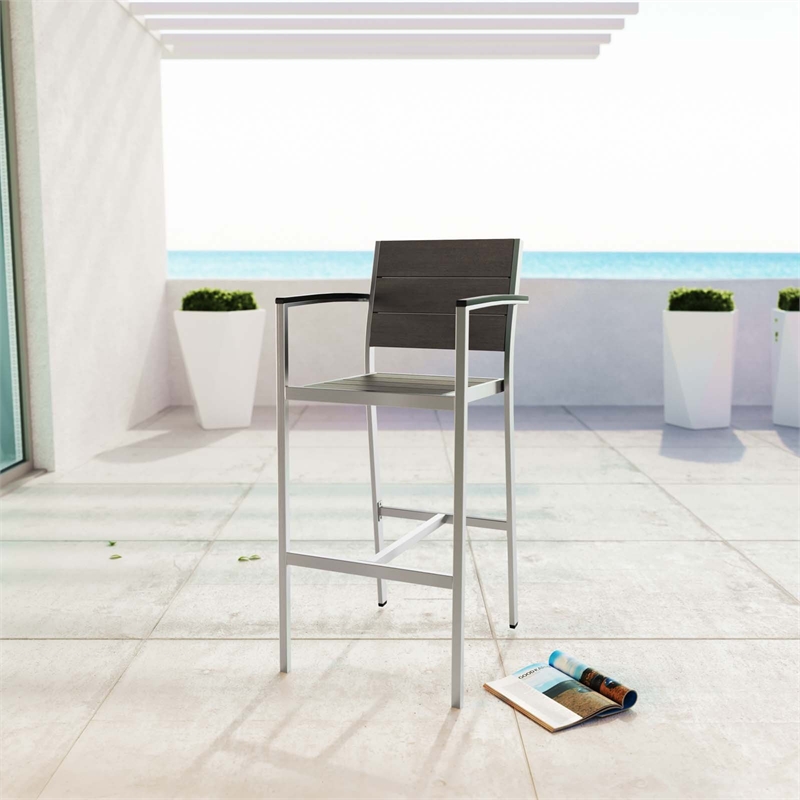 Modway Shore Outdoor Patio Wood and Aluminum Bar Stool in Silver/Gray