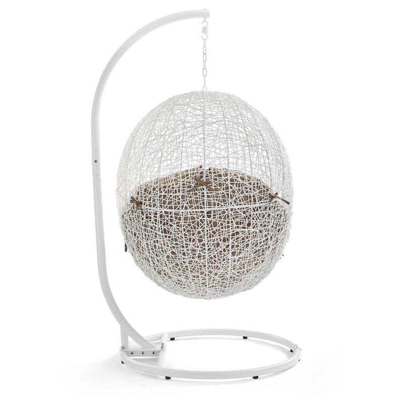 Modway Hide Steel Rattan Outdoor Patio Swing Chair with Stand in White/Mocha