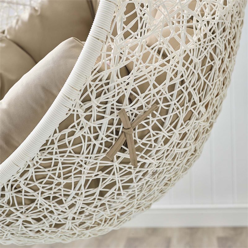 Modway Hide Steel Rattan Outdoor Patio Swing Chair with Stand in White/Mocha
