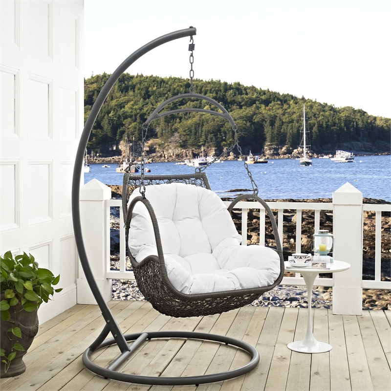 Modway Arbor Metal Fabric and Rattan Outdoor Patio Wood Swing Chair in Gray