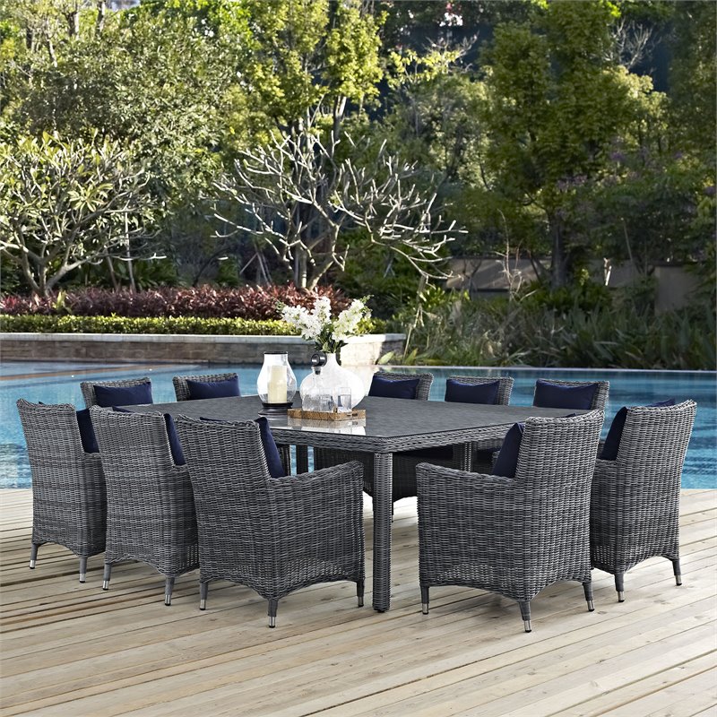 Modway Summon 11-Piece Rattan Fabric Patio Dining Set in Canvas Gray/Navy
