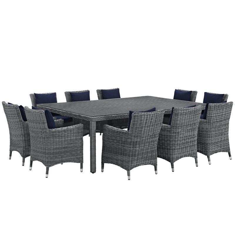Modway Summon 11-Piece Rattan Fabric Patio Dining Set in Canvas Gray/Navy