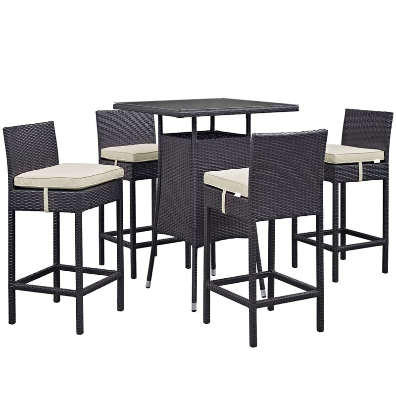 Modway Convene 5-Piece Aluminum Rattan Patio Pub Set in Espresso/Beige