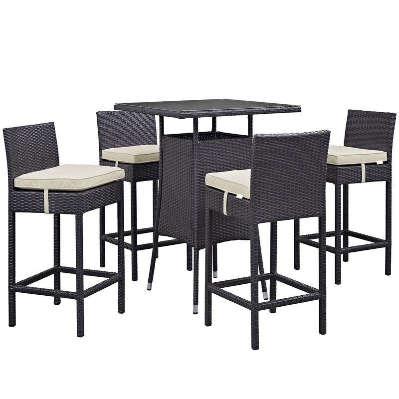 Modway Convene 5-Piece Aluminum Rattan Patio Pub Set in Espresso/Beige