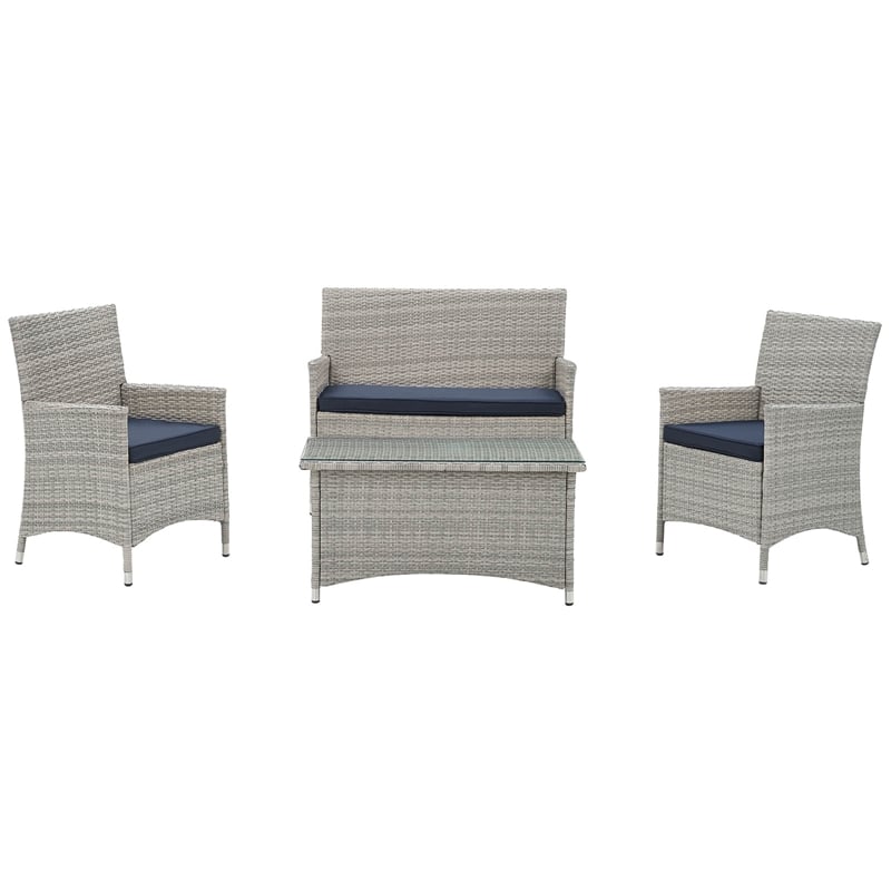Modway Bridge 4-Piece Rattan Outdoor Patio Conversation Set in Light Gray/Navy