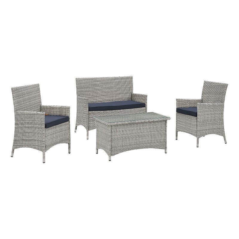Modway Bridge 4-Piece Rattan Outdoor Patio Conversation Set in Light Gray/Navy