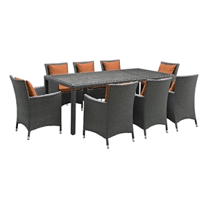 modway sojourn 9-piece rattan fabric patio dining set in canvas gray/tuscan