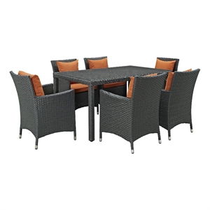 modway sojourn 7-piece rattan fabric patio dining set in canvas gray/tuscan