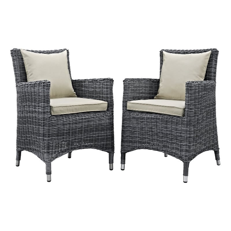 Modway Summon 2-Piece Rattan Fabric Patio Dining Chairs in Antique Canvas/Beige