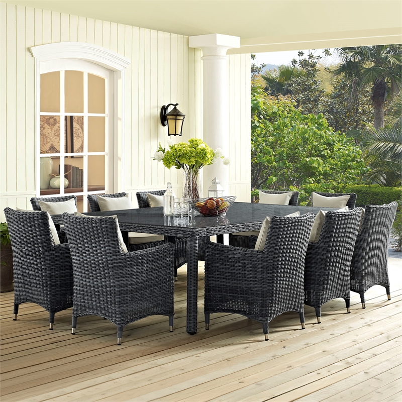 Modway Summon 11-Piece Rattan Fabric Patio Dining Set in Antique Canvas/Beige