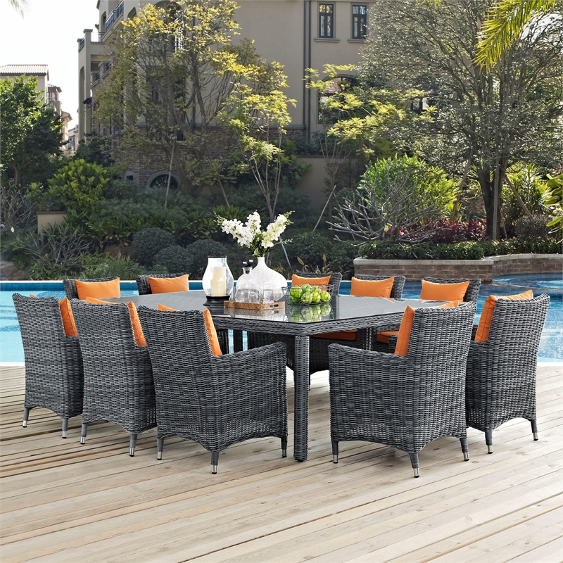 Modway Summon 11-Piece Rattan Fabric Patio Dining Set in Canvas/Tuscan