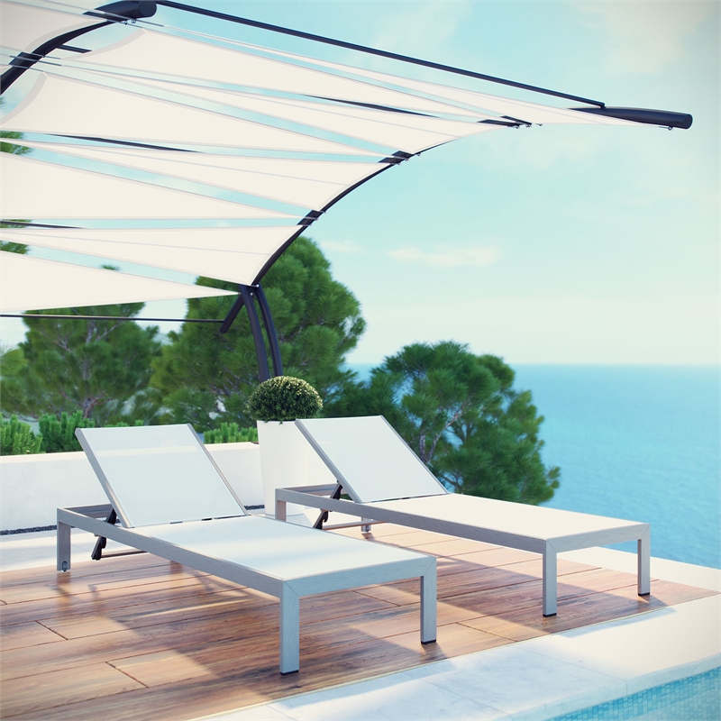 Modway Shore Fabric Outdoor Patio Chaise Lounge Set in Silver/White (Set of 2)
