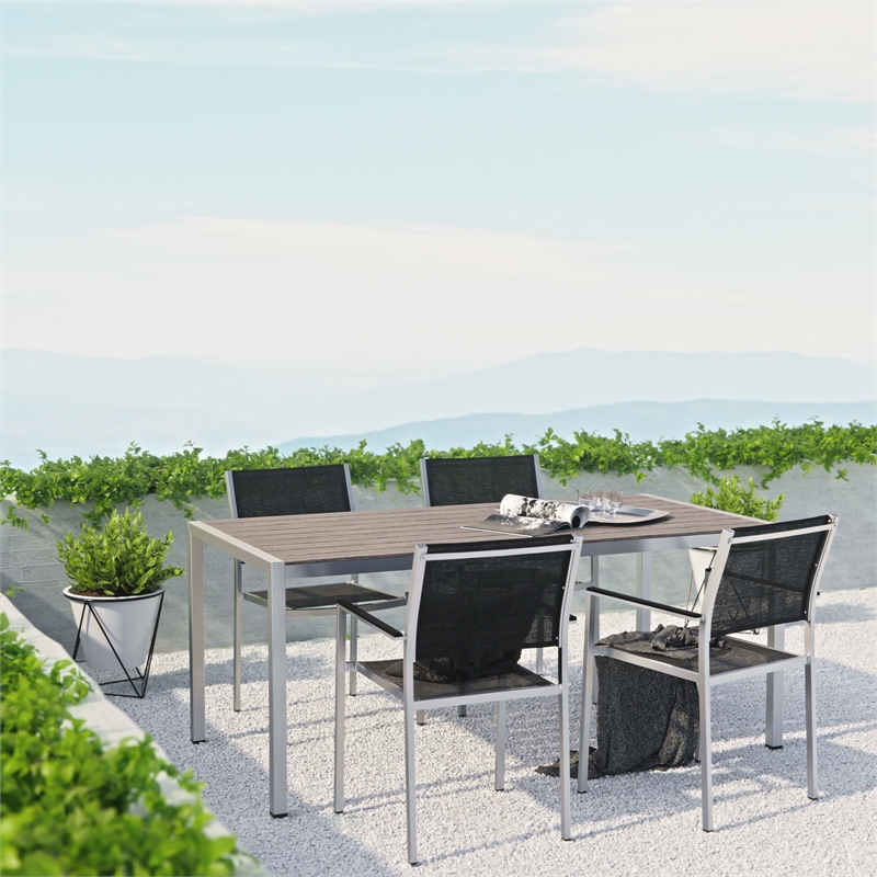 Modway Shore 5-Piece Outdoor Patio Wood and Aluminum Dining Set in Silver/Black