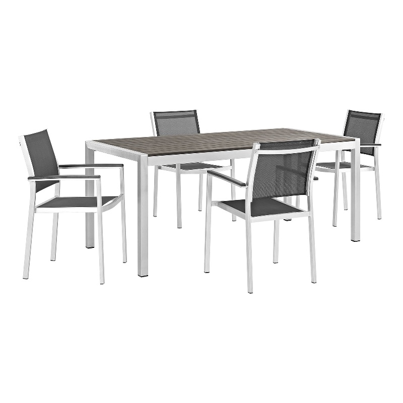 Modway Shore 5-Piece Outdoor Patio Wood and Aluminum Dining Set in Silver/Black