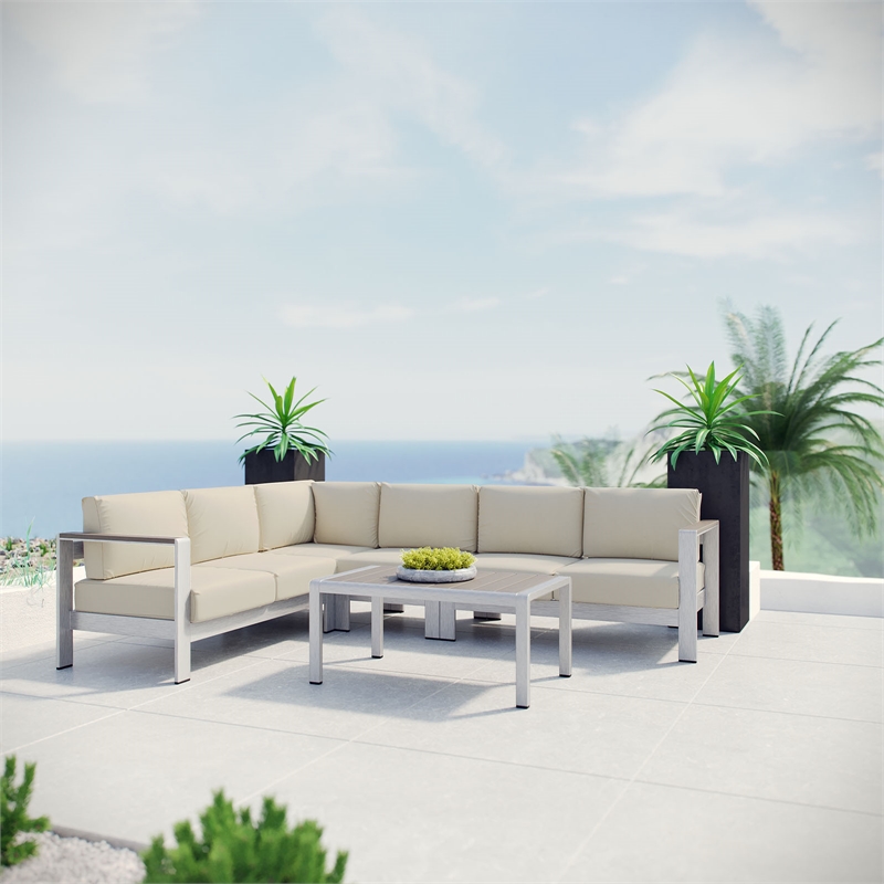 Modway Shore 5-Piece Outdoor Patio Aluminum Sectional Sofa Set in Silver/Beige
