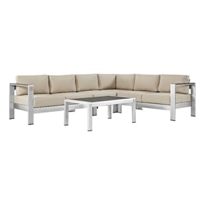 Modway Shore 5-Piece Outdoor Patio Aluminum Sectional Sofa Set in Silver/Beige