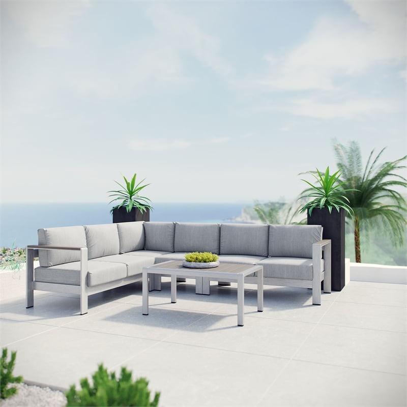 Modway Shore 5-Piece Outdoor Patio Aluminum Sectional Sofa Set in Silver/Gray