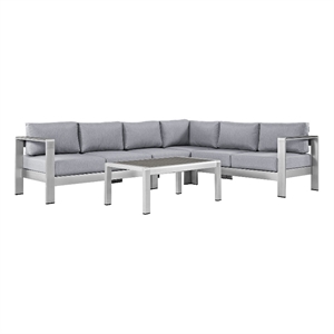 Modway Shore 5-Piece Outdoor Patio Aluminum Sectional Sofa Set in Silver/Gray