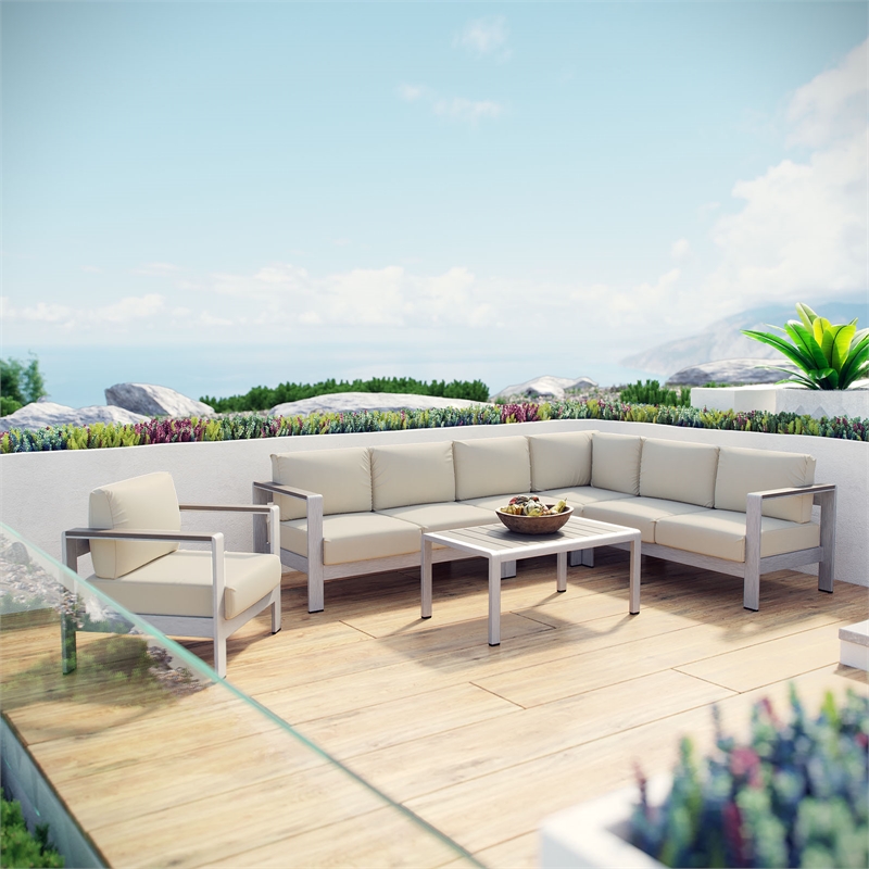 Modway Shore 6-Piece Outdoor Patio Aluminum Sectional Sofa Set in Silver/Beige