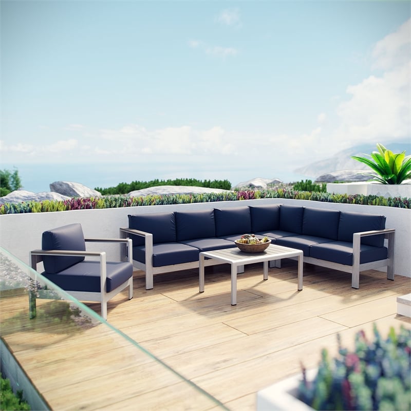 Modway Shore 6-Piece Outdoor Patio Aluminum Sectional Sofa Set in Silver/Navy