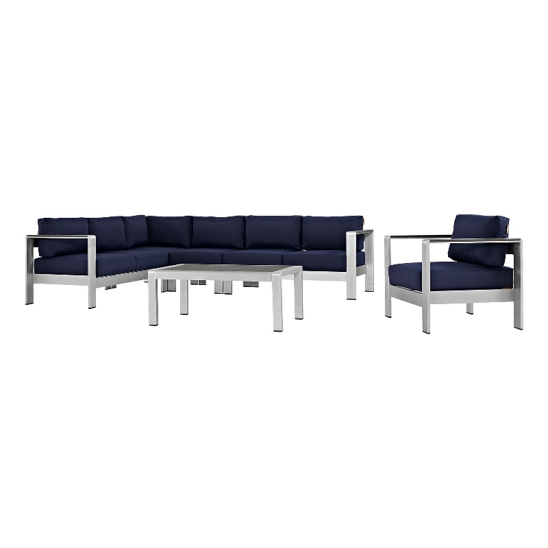 Modway Shore 6-Piece Outdoor Patio Aluminum Sectional Sofa Set in Silver/Navy