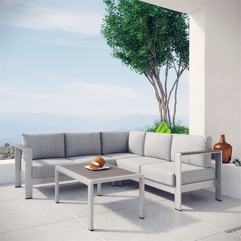 Modway Shore 4-Piece Outdoor Patio Aluminum Sectional Sofa Set in Silver/Gray