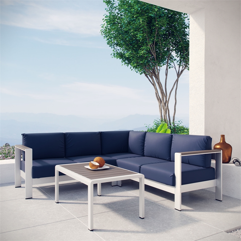 Modway Shore 4-Piece Outdoor Patio Aluminum Sectional Sofa Set in Silver/Navy