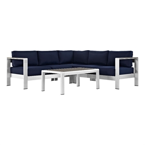 Modway Shore 4-Piece Outdoor Patio Aluminum Sectional Sofa Set in Silver/Navy