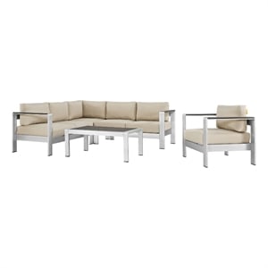 Modway Shore 5-Piece Outdoor Patio Aluminum Sectional Sofa Set in Silver/Beige