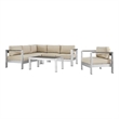 Modway Shore 5-Piece Outdoor Patio Aluminum Sectional Sofa Set in Silver/Beige