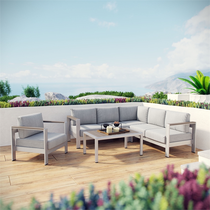 Modway Shore 5-Piece Outdoor Patio Aluminum Sectional Sofa Set in Silver/Gray