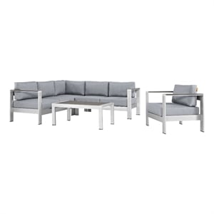 Modway Shore 5-Piece Outdoor Patio Aluminum Sectional Sofa Set in Silver/Gray