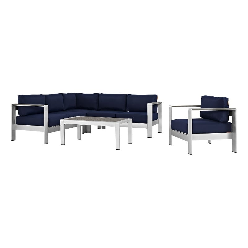 Modway Shore 5-Piece Outdoor Patio Aluminum Sectional Sofa Set in Silver/Navy