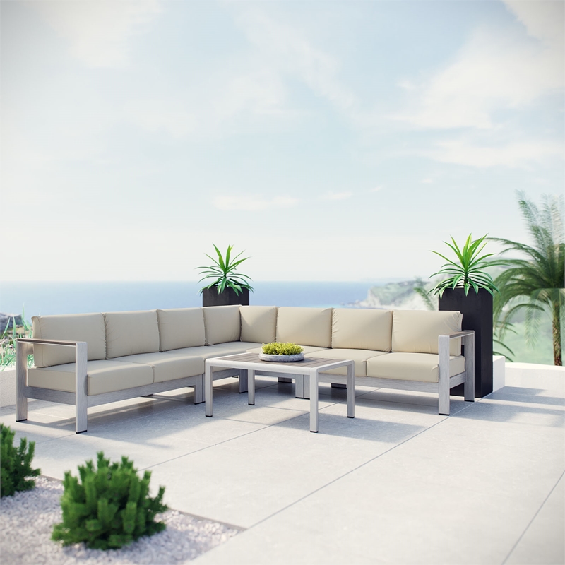 Modway Shore 6-Piece Outdoor Patio Aluminum Sectional Sofa Set in Silver/Beige