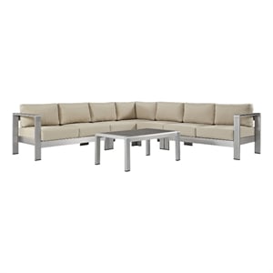Modway Shore 6-Piece Outdoor Patio Aluminum Sectional Sofa Set in Silver/Beige