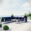 Modway Shore 6-Piece Outdoor Patio Aluminum Sectional Sofa Set in Silver/Navy