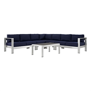 Modway Shore 6-Piece Outdoor Patio Aluminum Sectional Sofa Set in Silver/Navy