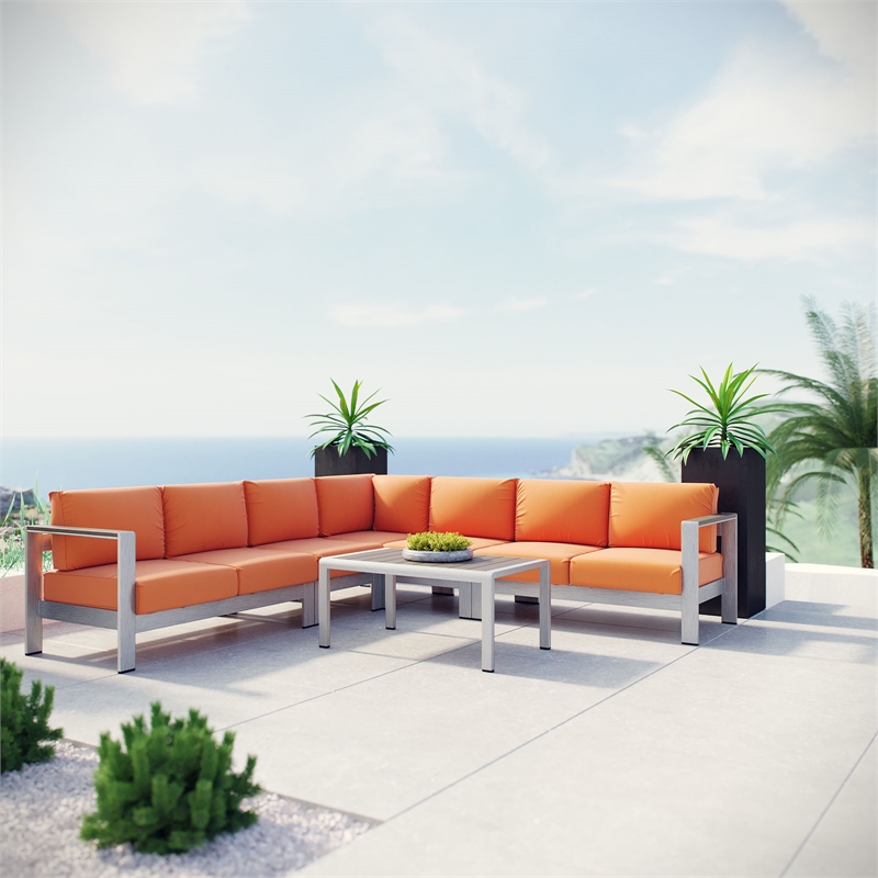 Modway Shore 6-Piece Outdoor Patio Aluminum Sectional Sofa Set in Silver/Orange