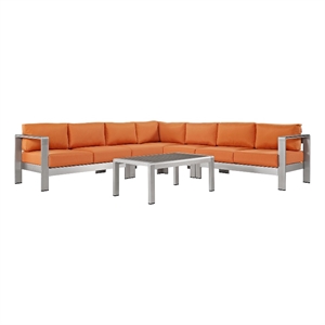 Modway Shore 6-Piece Outdoor Patio Aluminum Sectional Sofa Set in Silver/Orange