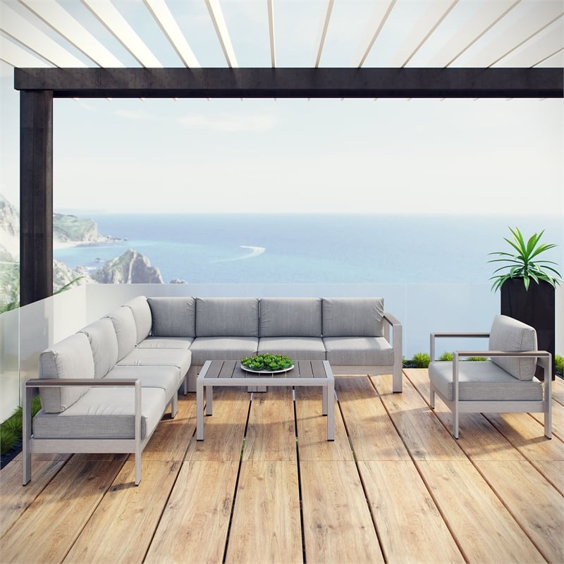 Modway Shore 7-Piece Outdoor Patio Aluminum Sectional Sofa Set in Silver/Gray