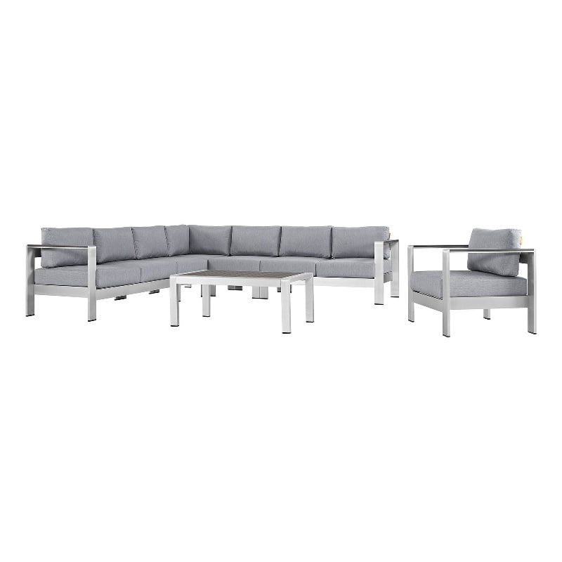 Modway Shore 7-Piece Outdoor Patio Aluminum Sectional Sofa Set in Silver/Gray