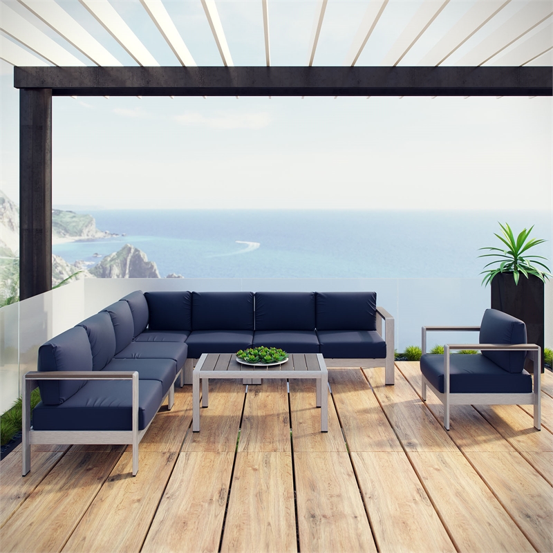 Modway Shore 7-Piece Outdoor Patio Aluminum Sectional Sofa Set in Silver/Navy
