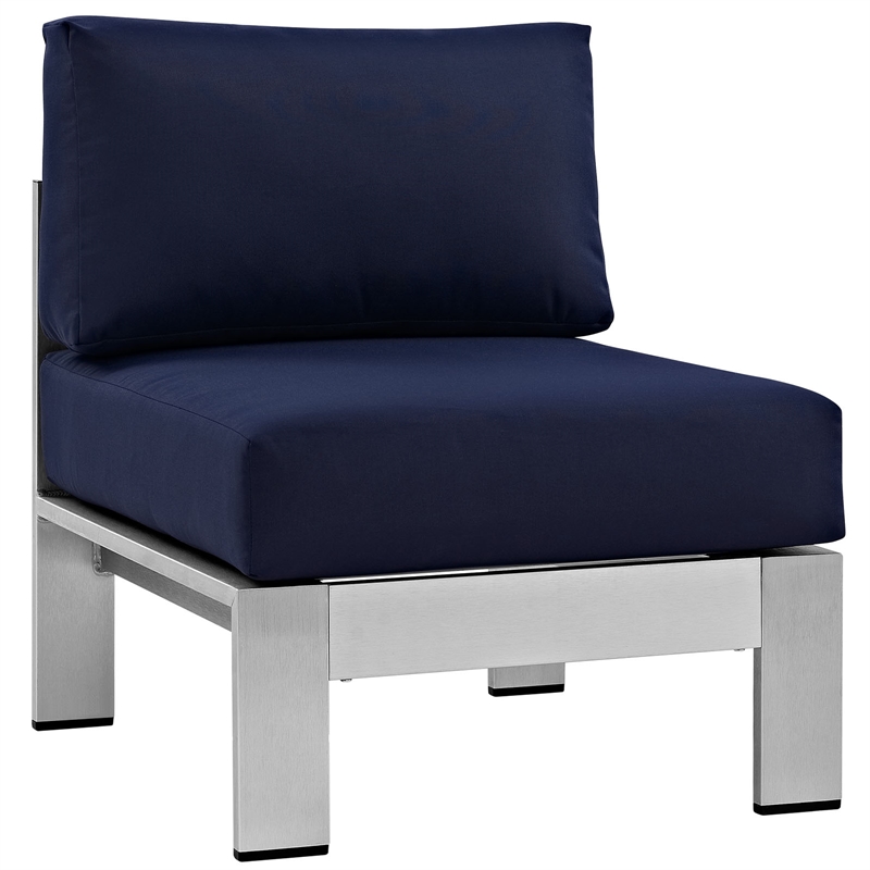 Modway Shore 7-Piece Outdoor Patio Aluminum Sectional Sofa Set in Silver/Navy
